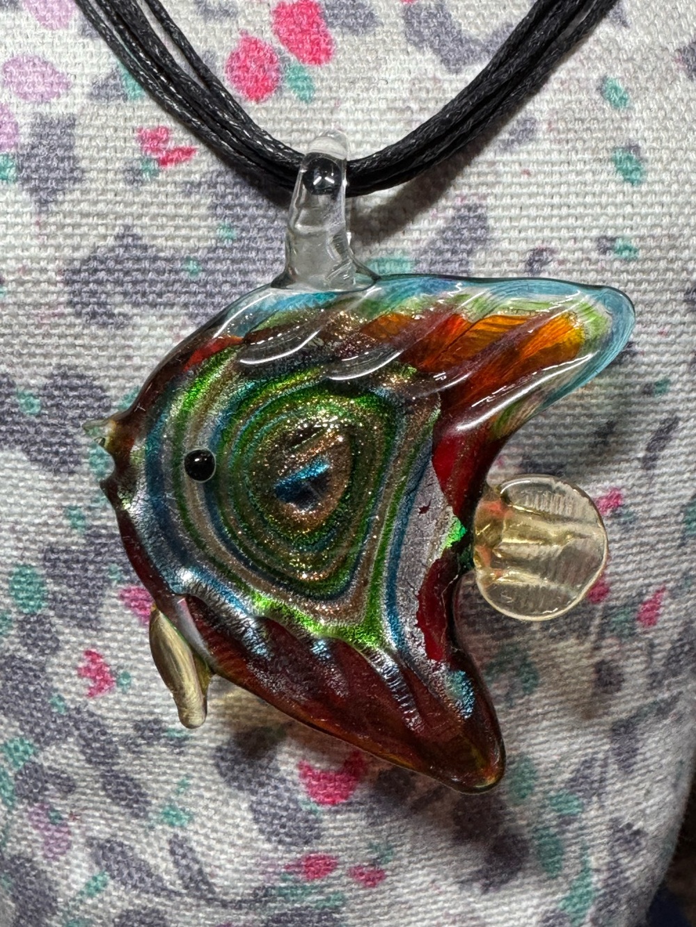 Colorful Handblown Glass Fish Pendant Necklace with Multi Strand Wax Cord Ne